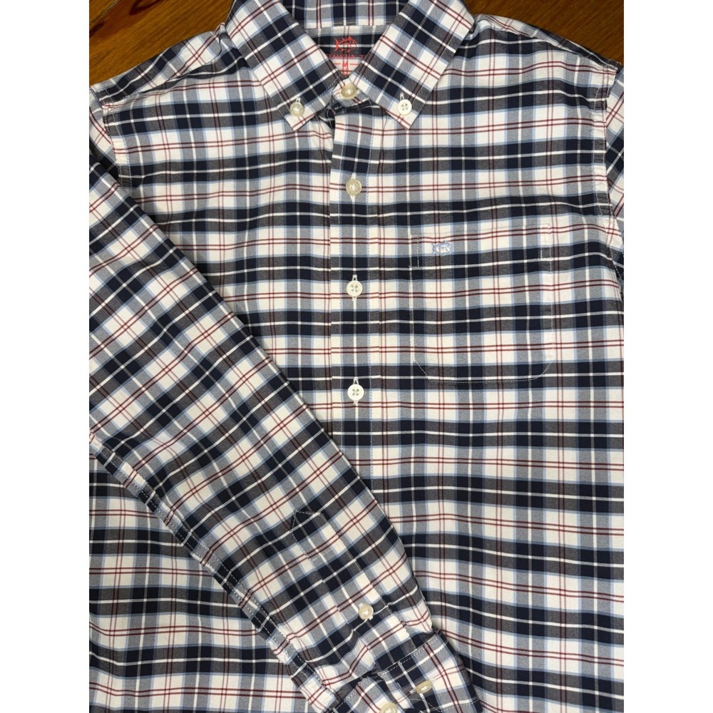 Southern Tide Boys sz M Long Sleeve button up blue plaid lightweight stretch